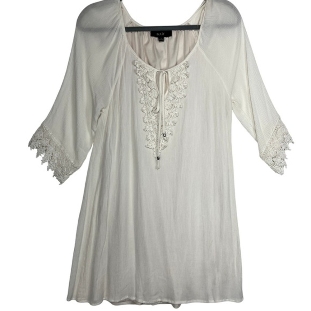 NAÏF Crochet Trim Tunic‎ Dress Bohemian Casual White Rayon Size S